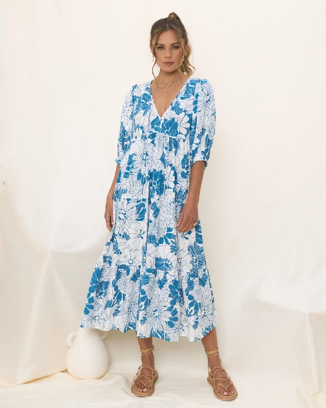Cerulean Blue Floral Midi Dress Full Floral Skirt