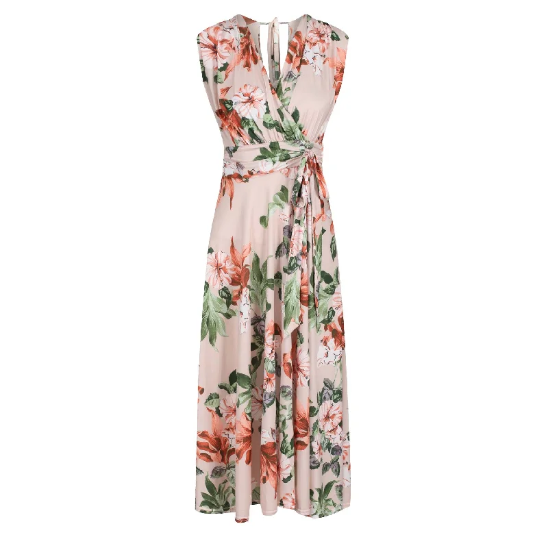 Blush Pink Floral Crossover Top Empire Waist 50s Swing Dress Bold Floral Skirt