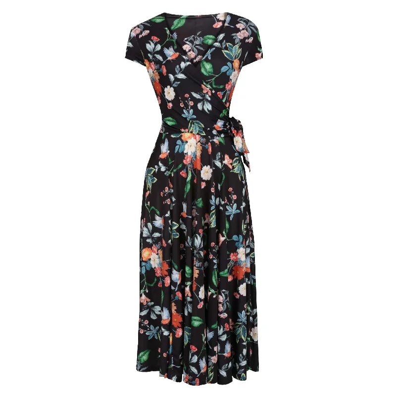 Black Floral Bird Print Cap Sleeve Crossover Top Swing Dress Pleated Floral Skirt