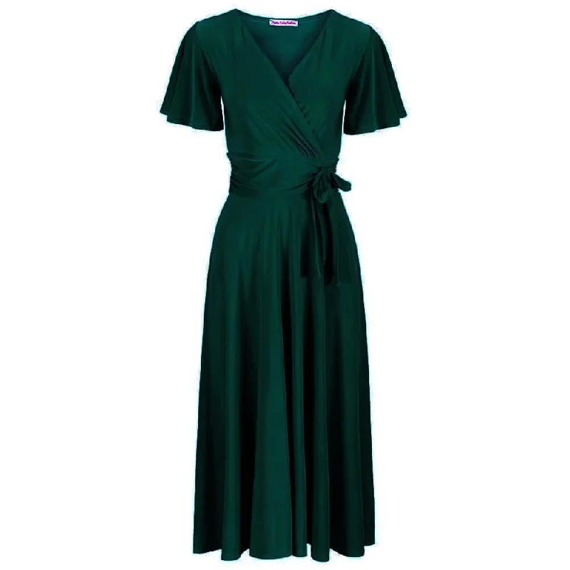 Forest Green Cap Sleeve Crossover V Neck Wrap Top Swing Dress Floral Skirt Set