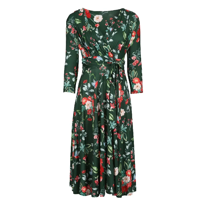 Green Floral & Bird Print 3/4 Sleeve V Neck Crossover Top Tea Dress Romantic Floral Skirt Green Floral & Bird Print 3/4 Sleeve V Neck Crossover Top Tea Dress Romantic Floral Skirt