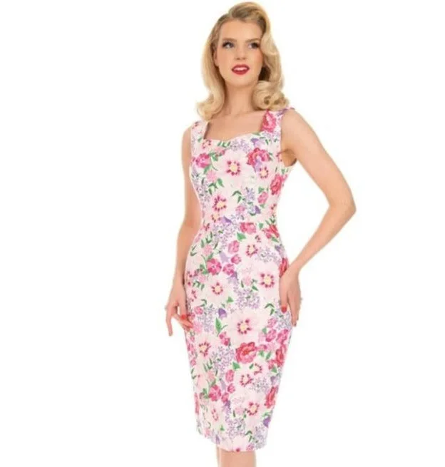 Pink Floral 1940s Vintage Wiggle Pencil Dress Colorful Floral Skirt