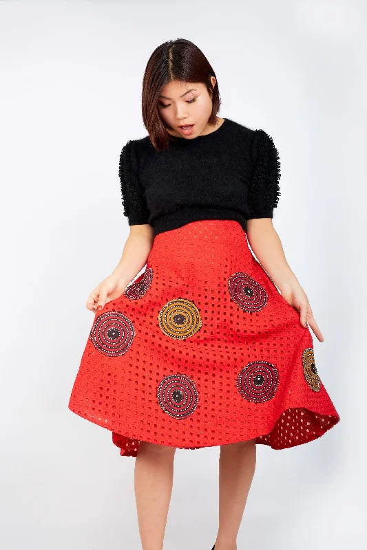 Kamara Lace Ankara Combo Embellished Flare Skirt - Red Elegant Floral Midi