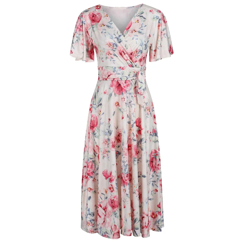 Cream Pink Floral Print Cap Sleeve V Neck Wrap Top Swing Dress Pleated Floral Design Cream Pink Floral Print Cap Sleeve V Neck Wrap Top Swing Dress Pleated Floral Design
