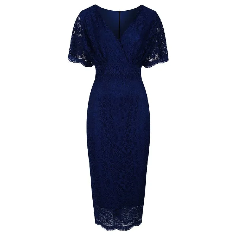 Navy Blue Vintage Lace Detail Bodycon Midi Pencil Dress Elegant Floral Midi