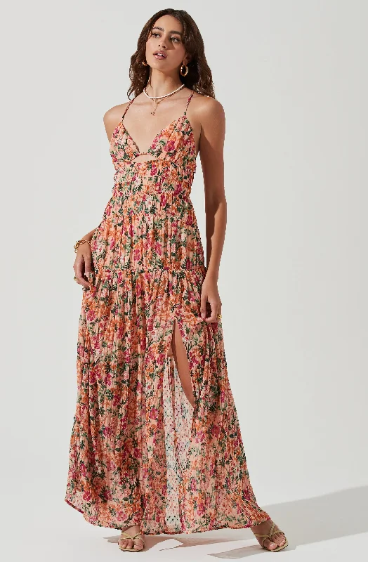 Tropics Plunge Neck Pleated Open Back Maxi Dress Floral Tiered Skirt