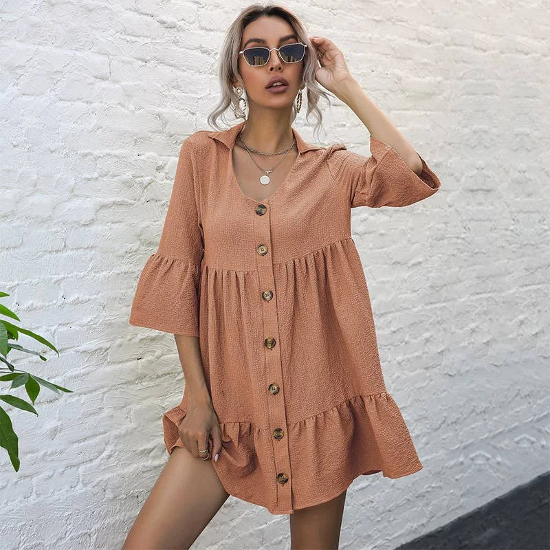 COTTON LAPEL LOOSE DRESS_CWDSD3934 Cute Floral Skirt
