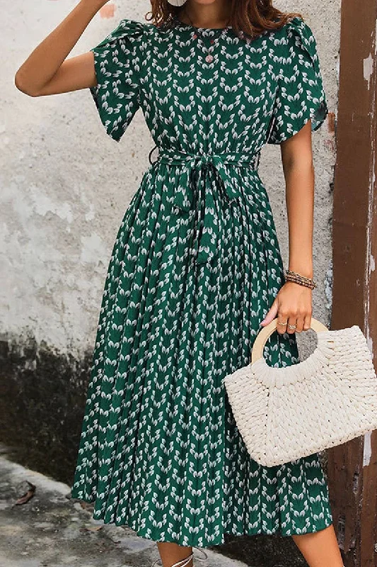 CREW NECK FLORAL PRINT DRESS_CWDSD2684 Soft Flowy Skirt