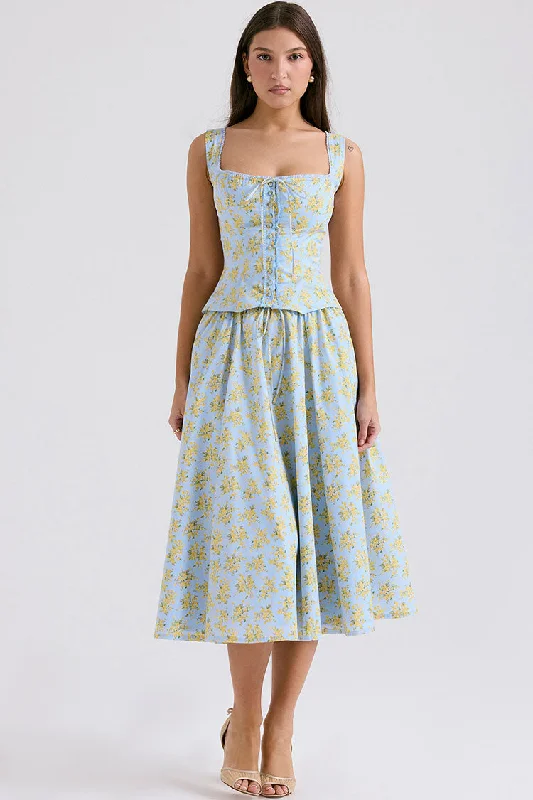 Cute Bow Tie Button Up Summer Floral Two Piece Midi Dress - Light Blue Summer Print Skirt