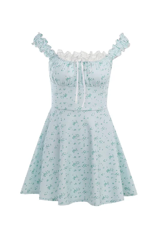 Cute Bow Trim Ruffled Lace Suspender Strap Floral Printed Mini Sundress Bohemian Floral Skirt