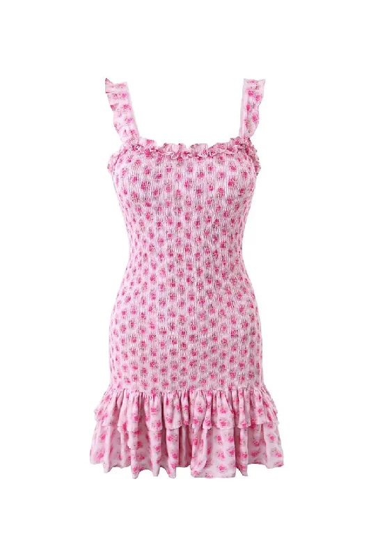 Cute Floral Print Ruffle Square Neck Bodycon Tiered Smocked Mini Sundress Flirty Floral Skirt