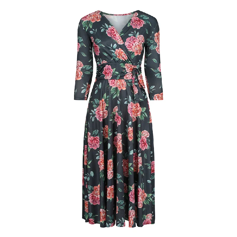 Forest Green Pink Floral Print 3/4 Sleeve Crossover Top Vintage Swing Dress Summer Floral Skirt Forest Green Pink Floral Print 3/4 Sleeve Crossover Top Vintage Swing Dress Summer Floral Skirt