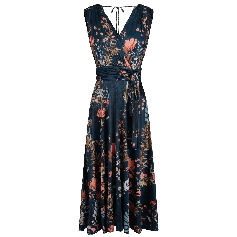 Dark Teal Floral V Neck Crossover Top Empire Waist Swing Dress Light Floral Midi