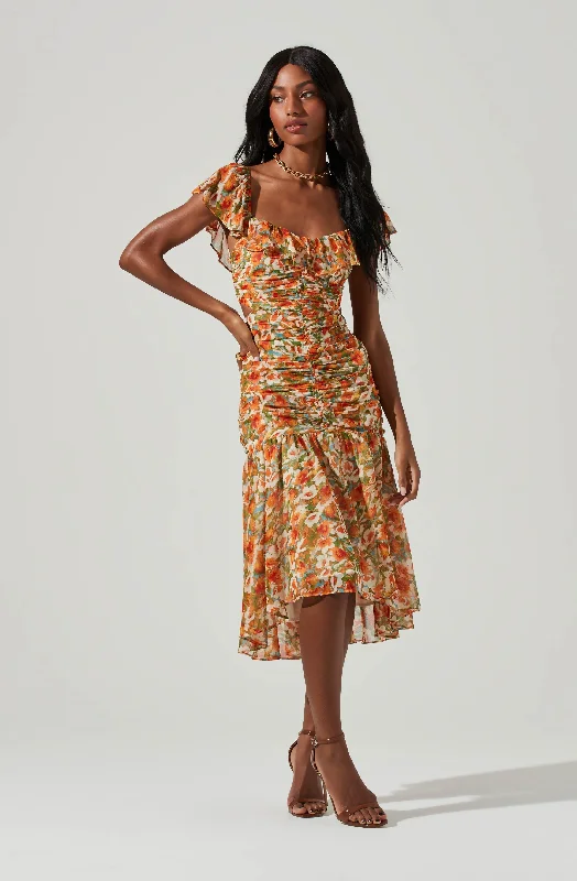 Devereaux Cutout Floral Midi Dress Summer Print Skirt