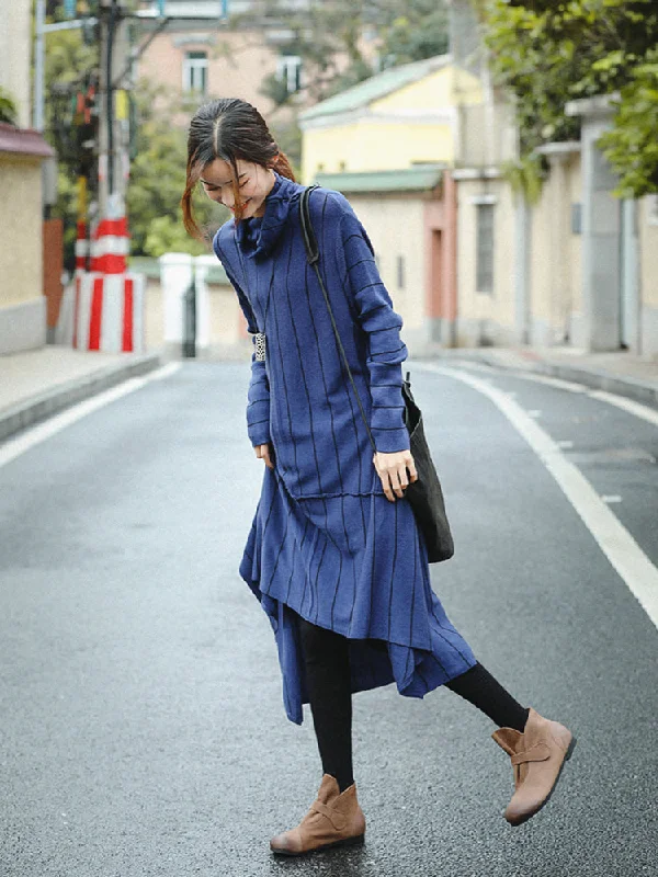 Elegant Blue High Neck Loose Sweater Dresses For Women Z81039 Pastel Floral Skirt