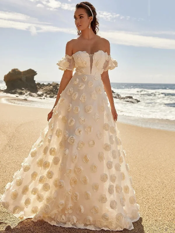 Elegant Off Shoulder 3D Flower Maxi Dresses Chic Printed Skirt
