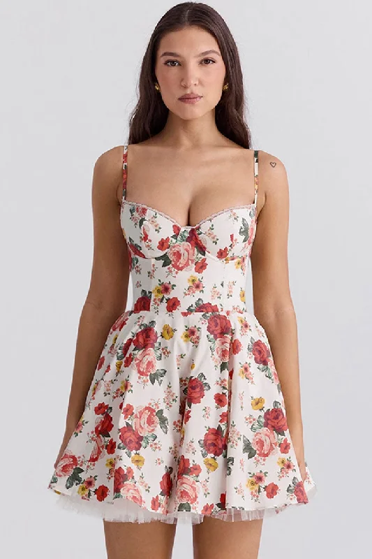 Fairy Floral Print Corset Bustier Fit & Flare Tulle Summer Party Mini Sundress Vintage Floral Skirt