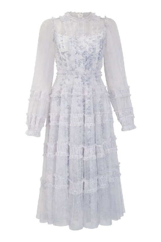 Fairytale Floral Printed Bishop Sleeve Ruffle Tiered Tulle Vacation Midi Dress Trendy Floral Print Fairytale Floral Printed Bishop Sleeve Ruffle Tiered Tulle Vacation Midi Dress Trendy Floral Print