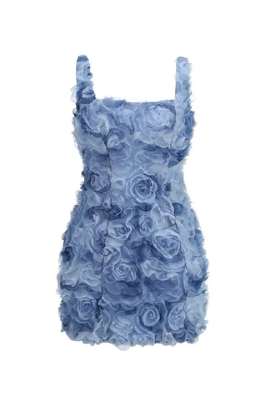Fairytale Rose Applique Square Neck Sleeveless Laced Back Party Mini Dress Soft Summer Skirt Fairytale Rose Applique Square Neck Sleeveless Laced Back Party Mini Dress Soft Summer Skirt