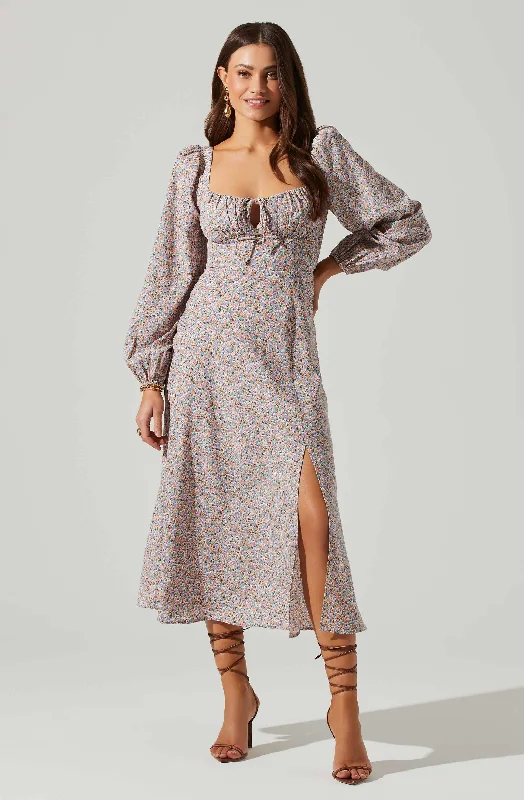 Floral Long Sleeve Back Cut Out Midi Dress Feminine Skirt Style