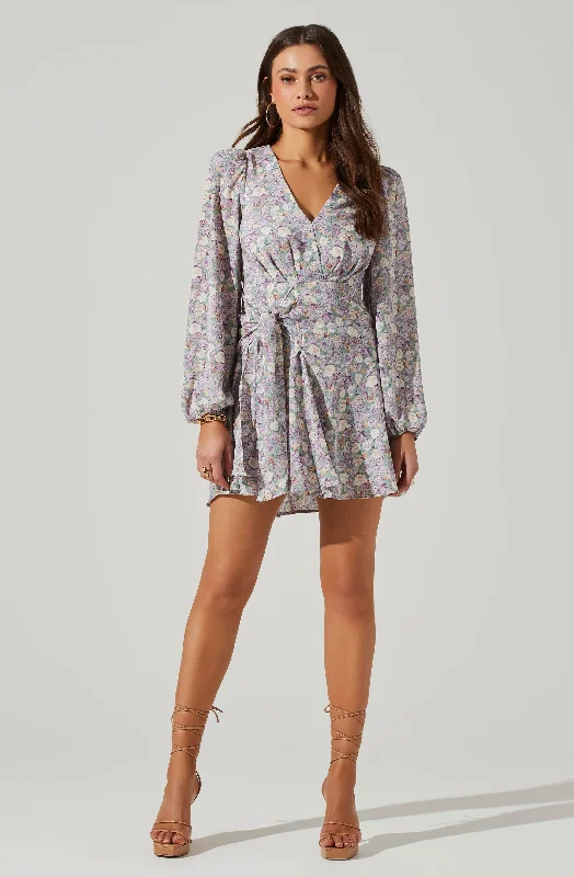 Floral Long Sleeve Side Tie V Neck Mini Dress Feminine Floral Midi
