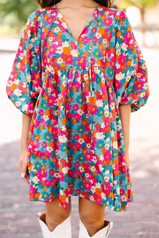 KaleaBoutique Floral Print Tie Split Neck Bubble Sleeve Babydoll Dress Pleated Floral Design KaleaBoutique Floral Print Tie Split Neck Bubble Sleeve Babydoll Dress Pleated Floral Design