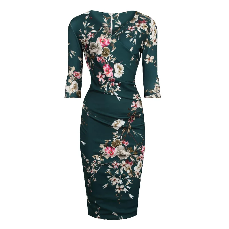 Forest Green Floral Print 40s 3/4 Sleeve Wiggle Wrap Dress Stylish Floral Skirt