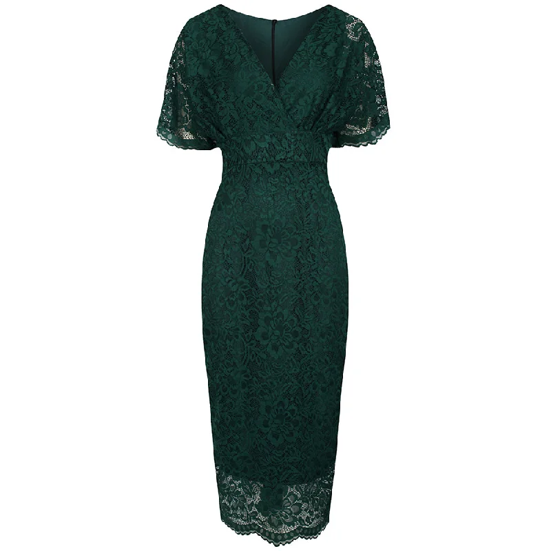Forest Green Vintage Lace Detail Bodycon Midi Pencil Dress High-Waisted Floral Skirt Forest Green Vintage Lace Detail Bodycon Midi Pencil Dress High-Waisted Floral Skirt