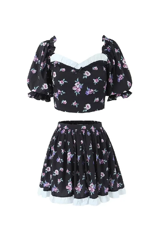 French Floral Ruffled Smock Crop Top High Waist Mini Two Piece Dress Floral A-Line Skirt French Floral Ruffled Smock Crop Top High Waist Mini Two Piece Dress Floral A-Line Skirt