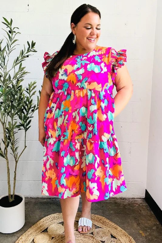Look of Love Fuchsia Abstract Floral Print Smocked Ruffle Sleeve Dress (Open Pack) Colorful Floral Skirt Look of Love Fuchsia Abstract Floral Print Smocked Ruffle Sleeve Dress (Open Pack) Colorful Floral Skirt