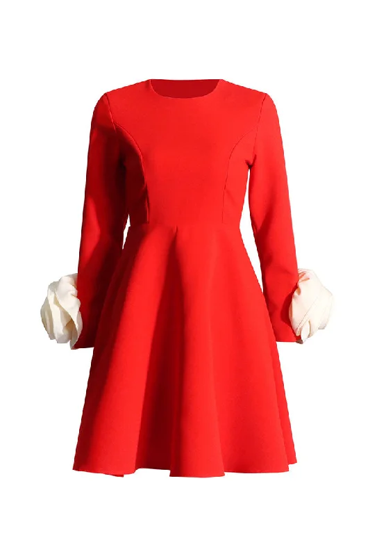 Glamorous Crew Neck Rosette Trim Long Sleeve Fit & Flare Party Mini Dress Feminine Floral Skirt Glamorous Crew Neck Rosette Trim Long Sleeve Fit & Flare Party Mini Dress Feminine Floral Skirt