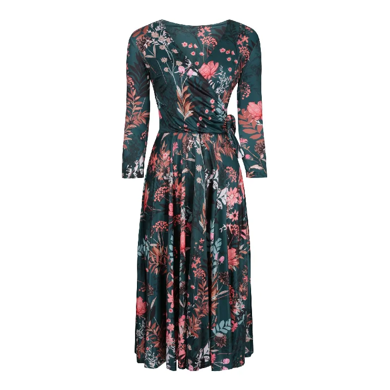 Green Floral Print 3/4 Sleeve Crossover Top Swing Dress Simple Floral Skirt