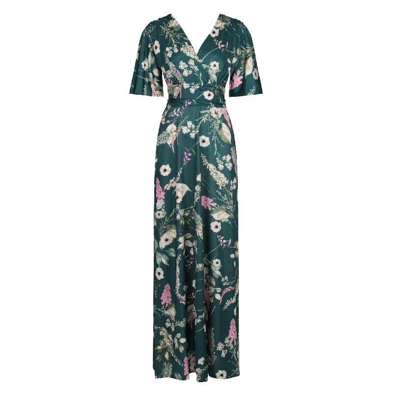 Green Floral Print Waterfall Sleeve Maxi Dress Feminine Pleated Skirt