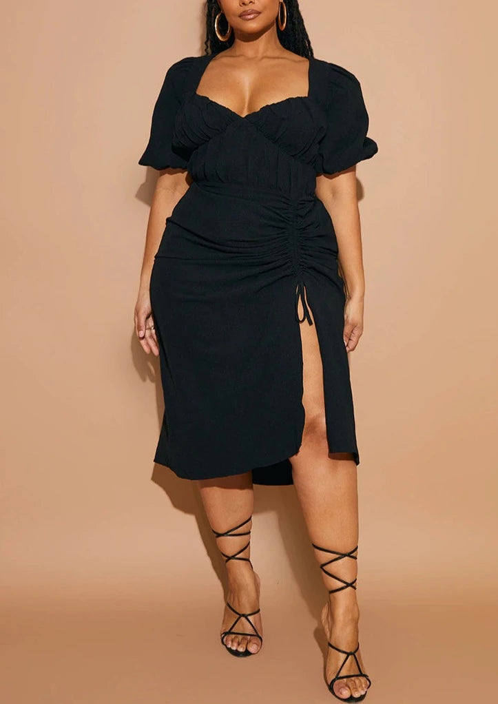 Hailey PUFF SLEEVE RUCHED SIDE SPLIT MIDI DRESS Feminine Floral Skirt