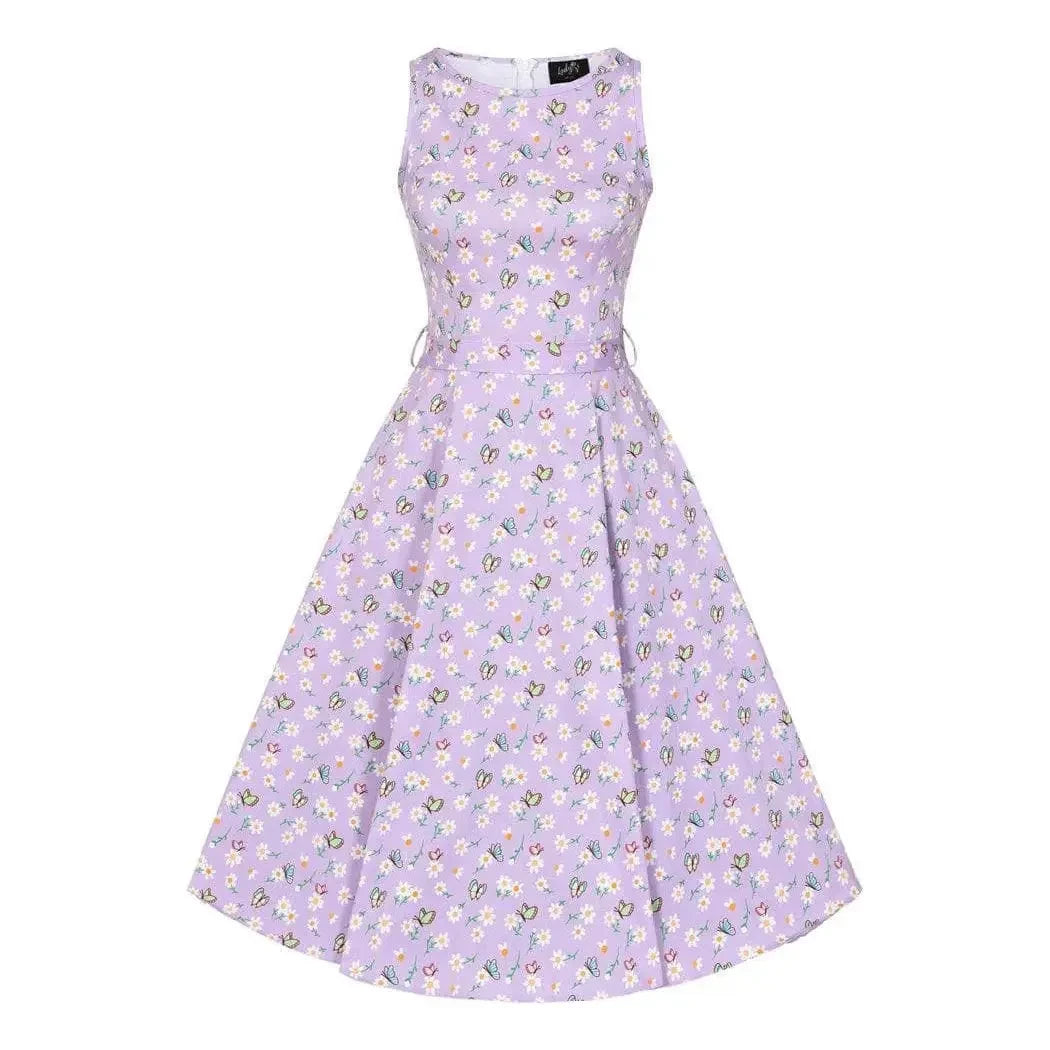 Hepburn Dress - Butterfly Daisy Pleated Floral Design