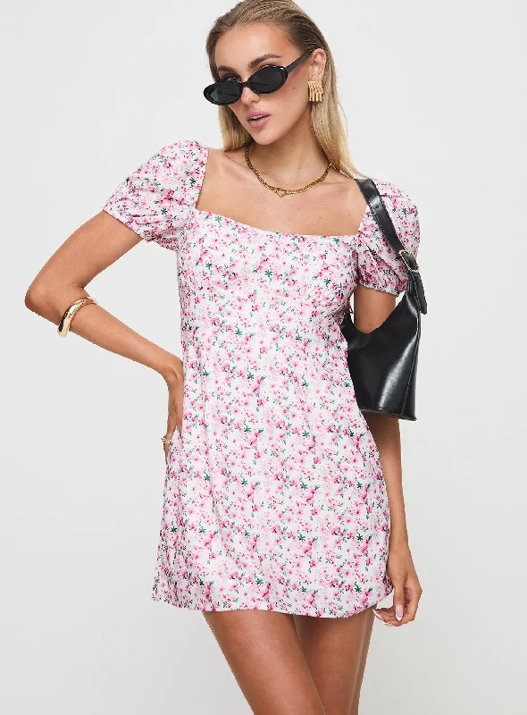 Hollen Mini Dress White Floral Flowy A-Line Skirt