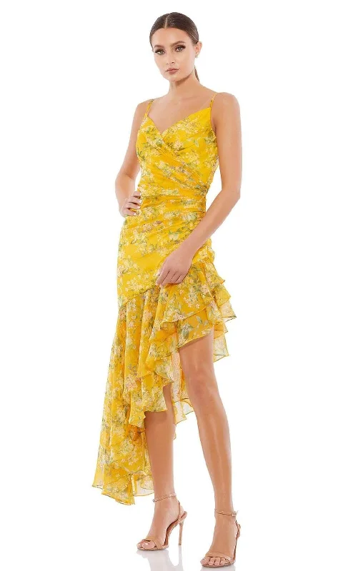 Ieena Duggal - 70202I Floral Printed Asymmetric Hem Dress Pleated Floral Skirt