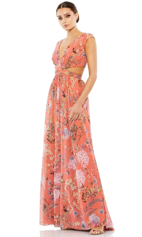 Ieena Duggal 9154 - Floral Print V-neck Long Dress Flowing Floral Skirt