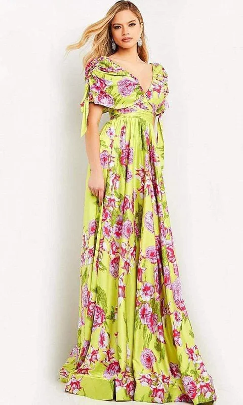 Jovani - 04176 Ruched Sleeve Printed Flowy Dress Casual Floral Skirt
