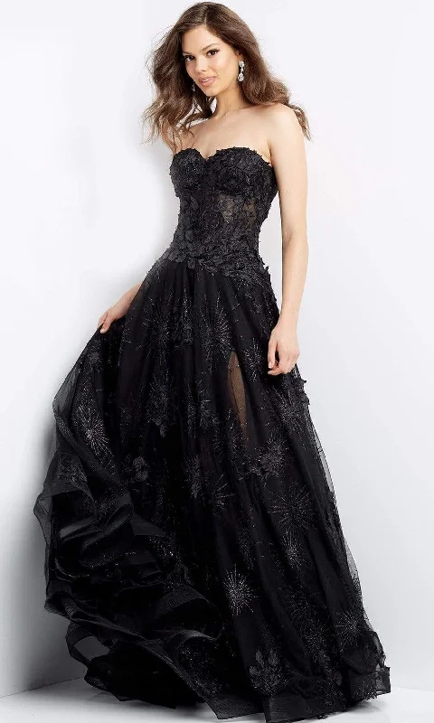 Jovani - 07304 Strapless Lace Appliqued Gown Sleek Floral Skirt