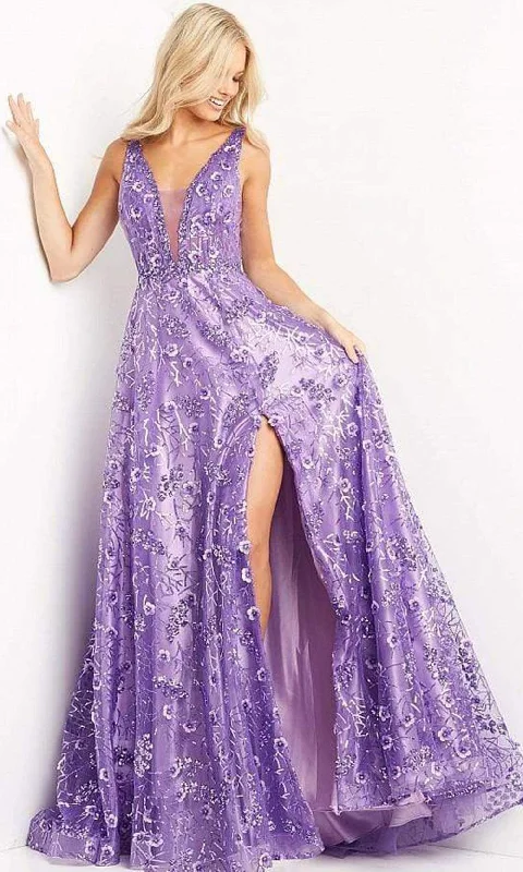 Jovani - 08422 Floral Applique Slit A-line Dress Ruffled Floral Skirt