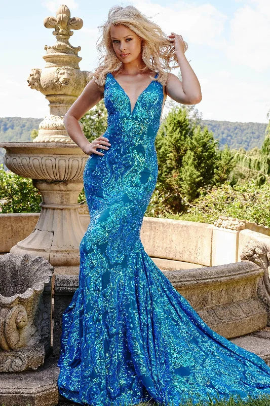 Jovani 08646 - Sequin Motif V-Neck Prom Dress Elegant Floral Skirt