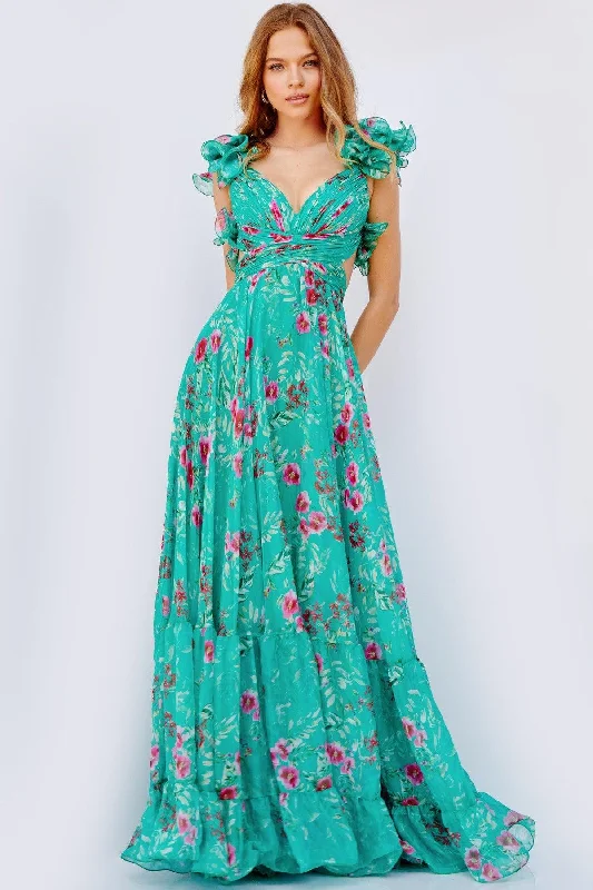 Jovani 23321 Long Floral Print Chiffon Prom Dress Floral Wrap Skirt
