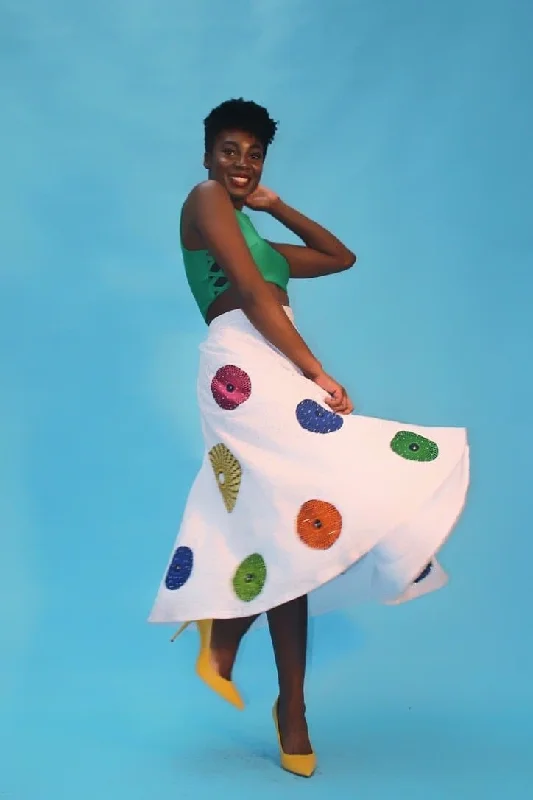 Kamara Lace Ankara Combo Embellished Flare Skirt - White Feminine Floral Midi