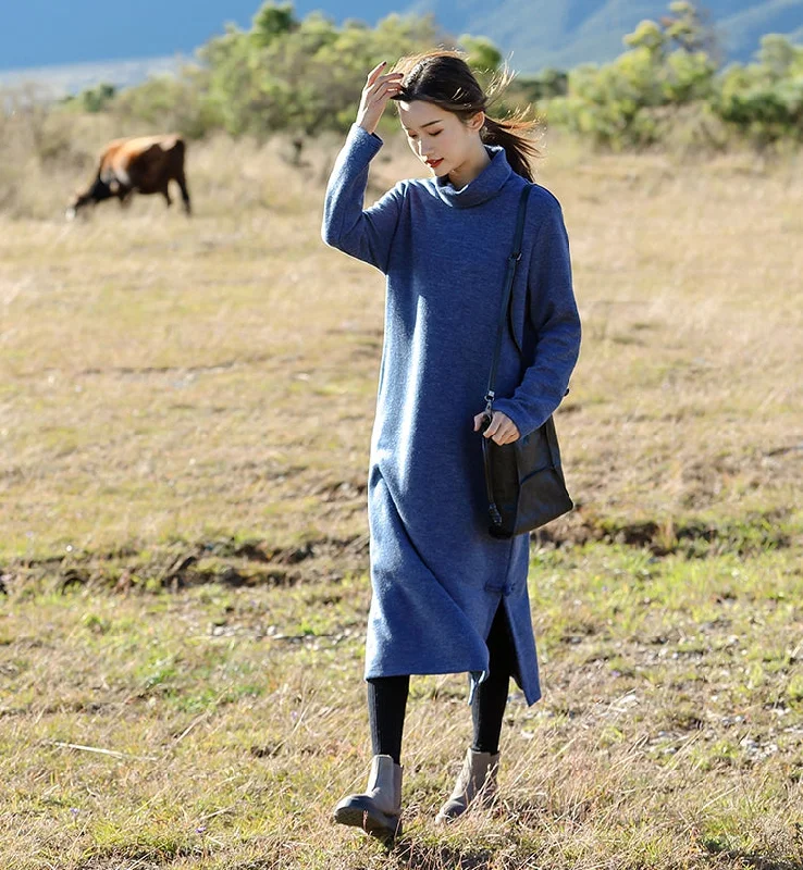 Loose Blue And Red High Neck Maxi Sweater Dresses For Women Q81007 Light Pleated Skirt
