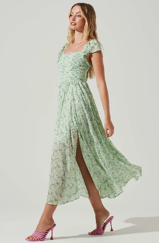 Luisa Floral Flutter Sleeve Midi Dress High-Waisted Skirt