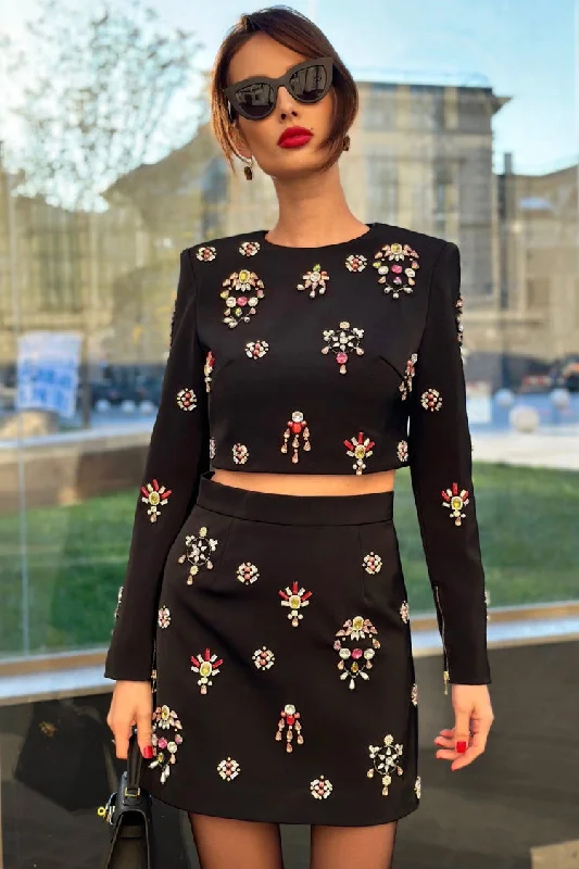Luxury Diamante Floral Crew Neck Crop Top High Waist Two Piece Mini Dress High-Waisted Skirt