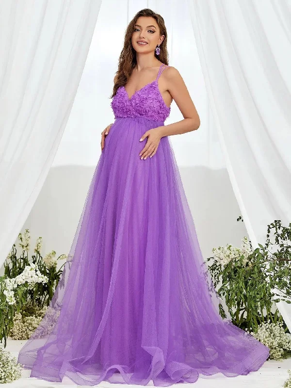 Maternity Floral Applique Backless Cami Party Dress Light Floral Midi