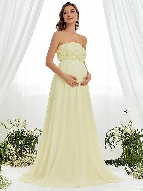 Maternity Floral Applique Tube Chiffon Dress Colorful A-Line Skirt