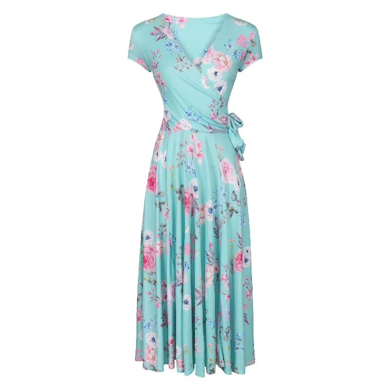 Aqua Mint Floral Print Cap Sleeve Crossover Top Swing Dress Chic Floral Skirt